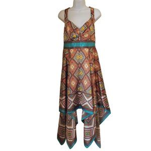 Boston Proper M V Neck‎ Dress Handkerchief Hem Sleeveless Aztec Diamond Print